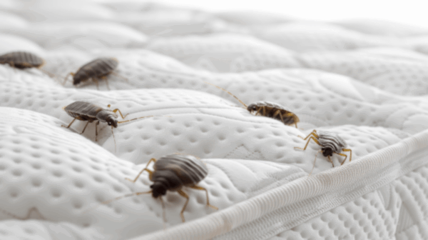 Group-Bed-Bugs-Crawling-White-Blanket Bed bug in the hotel bed