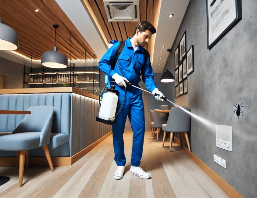 Restaurant Pest Control 1 Man in blue uniform sprays a spider on a wall inside a modern restaurant.