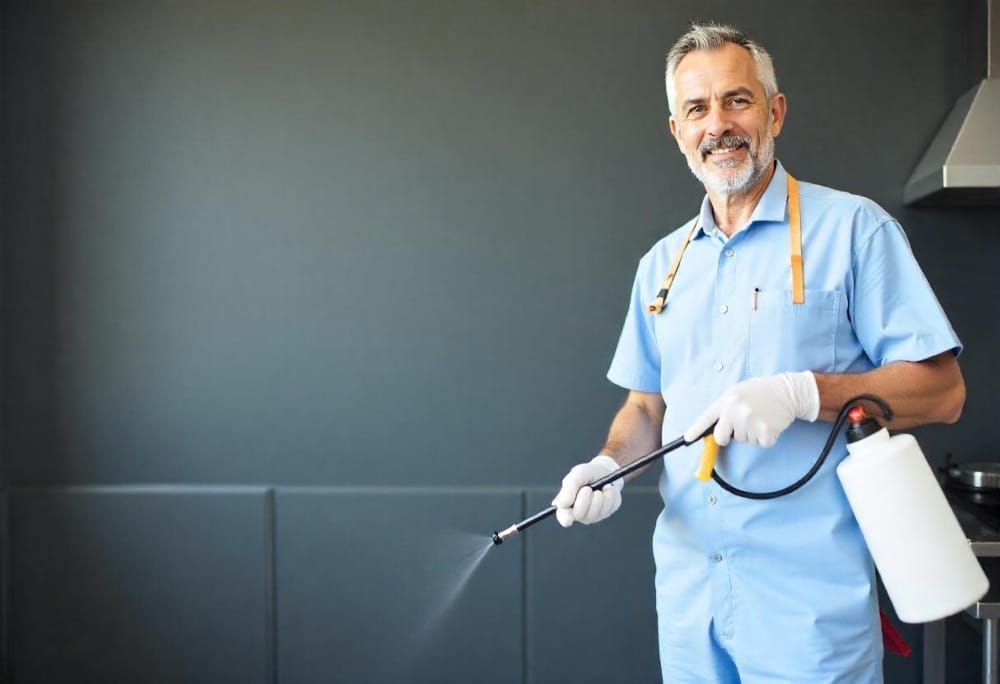 Freepik__A-Caucasian-Man-30-Years-Old-Gray-Hair-Wearing-A-B__17320 Smiling pest control technician wearing gloves, spraying a mist.