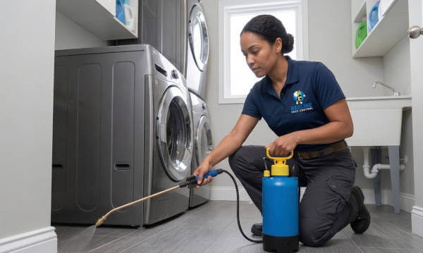Professional Vs. Diy Pest Control 3 Close-up of a technician using a pressurized sprayer to treat the area behind a kitchen appliance for pests.