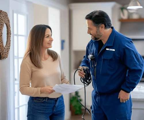 Pest Exterminators Professional exterminator discussing a pest treatment plan and paperwork with a residential customer.