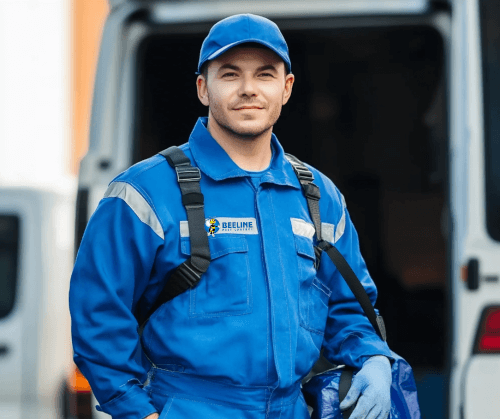 Pest Exterminator 1 Portrait of a friendly pest control expert in a blue Beeline uniform prepared for a residential service call.