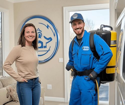 Pest Control Tech Friendly pest control expert in uniform with a backpack sprayer standing with a happy female homeowner.