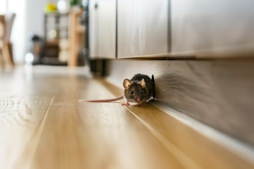 Mouse Peeking Out From Baseboard Hole In Modern Kitchen Mouse peeking out from a hole