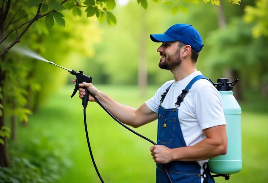 Spring &Amp; Summer Pest Control Tips For Utah Homeowners 3 Smiling man spraying a tree with a backpack sprayer in a green park.