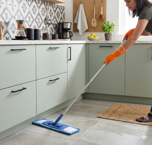 Person in blue gloves mops wooden kitchen floor with string mop, white cabinets.