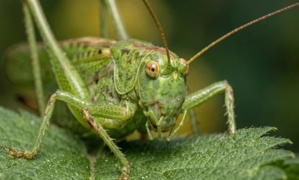 Macro shot: A vibrant green grasshopper with large eye and antennae on a speckled stem.