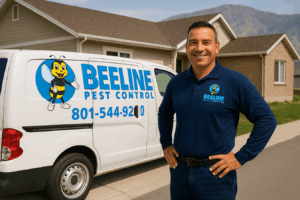 Quick And Effective Ways To Stop Summer Pests In Utah Homes 3 Smiling Beeline Pest Control technician next to his branded van, suburban houses, mountains.