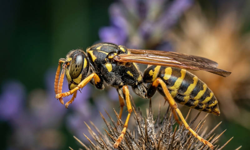 Black and yellow striped wasp with yellow legs and antennae rests on a green leaf.