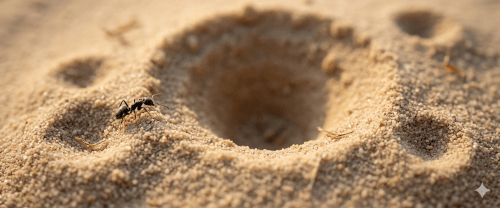 What Is An Ant’s Worst Enemy? A Friendly Guide To The Predators Of Ants 2 A close-up view of an ant crawling near the entrance of an underground nest in dry, sandy soil.