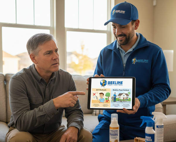 Ant Infestation Utah: What Ants Eat &Amp; How To Protect Your Property 2 A Beeline Pest Control expert showing a digital tablet comparison of DIY methods versus professional extermination services to a homeowner.