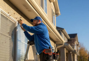 A home repair specialist installing a window on a house using a ladder.