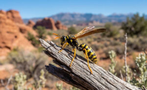 Are Wasps Dangerous? Sting Facts, Behavior, And How To Keep Wasps Away 1 A close-up of a yellow jacket wasp perched on a piece of wood in a natural landscape.
