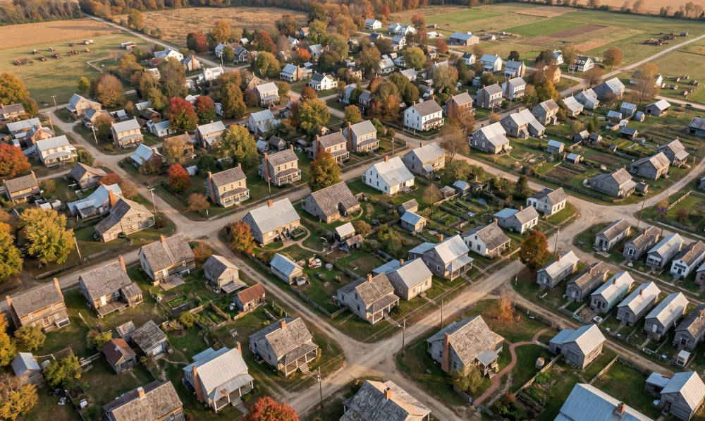 Aerial view of a quaint, historic village with houses and trees showing vivid fall colors.