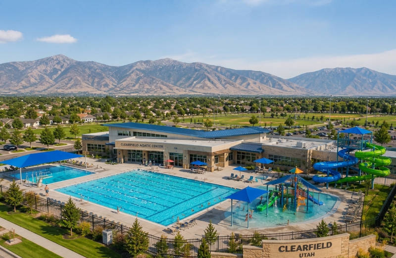 Clearfield Aquatic Center: large outdoor pools, vibrant water slides, and splash pad, nestled among mountains.