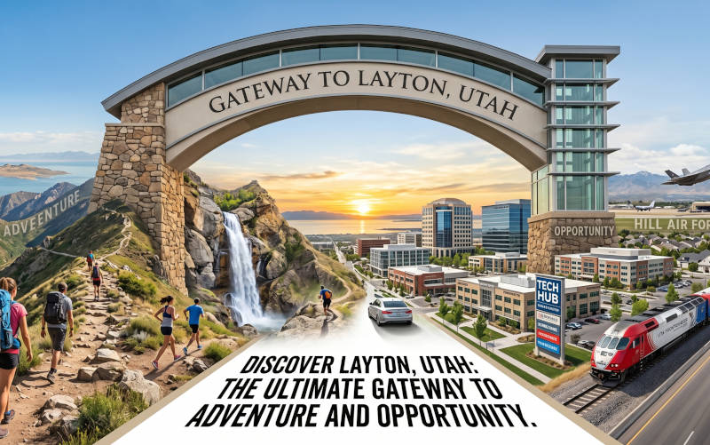 Layton, Utah: Adventure (mountains, waterfall, hikers) meets opportunity (city, tech hub, train, plane).