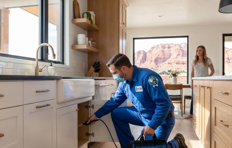 Masked pest control technician sprays under kitchen sink. Woman watches; red mountains visible outside.