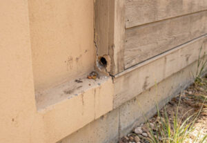 How To Prevent Pest Infestations In Utah Homes Year-Round 1 Ragged, dark hole in weathered wood trim at a stucco and siding building corner.