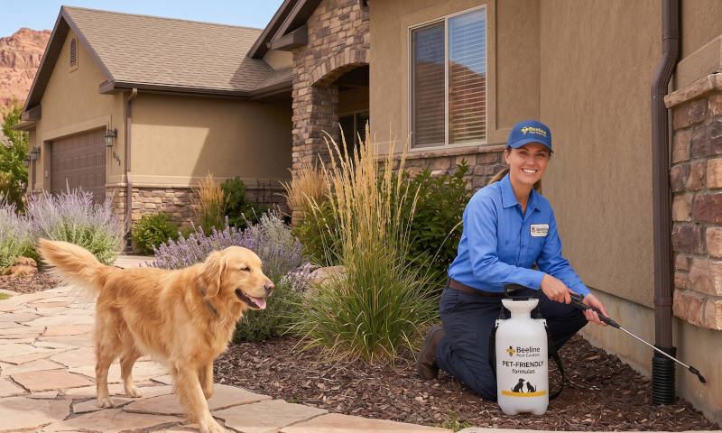 Smiling technician sprays pet-friendly pest control outside house while golden retriever walks nearby.