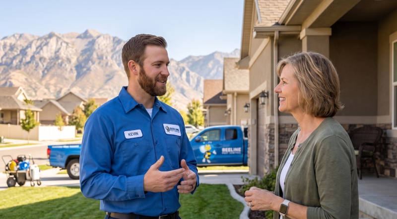 Beeline pest control technician named Kevin talks with a smiling homeowner. Mountains in background.