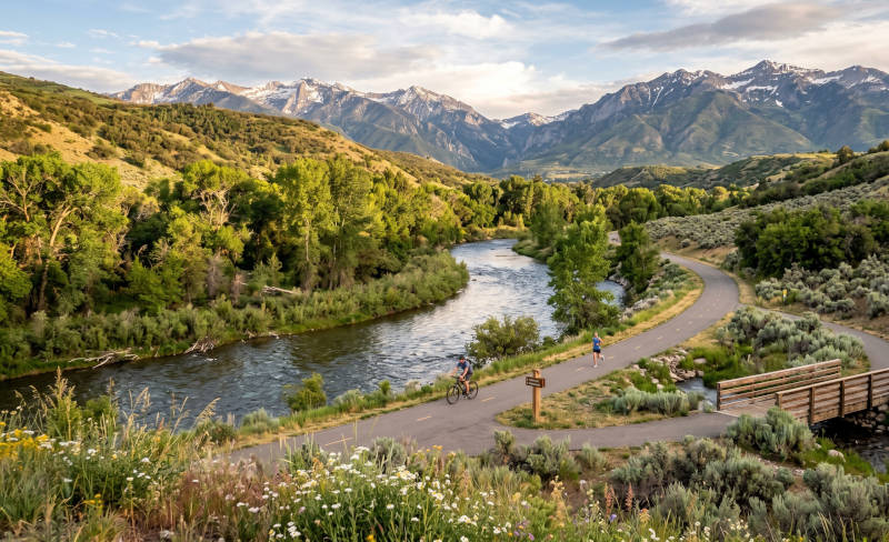 Scenic river trail with a cyclist, jogger, lush green hills, and distant snowy mountains.