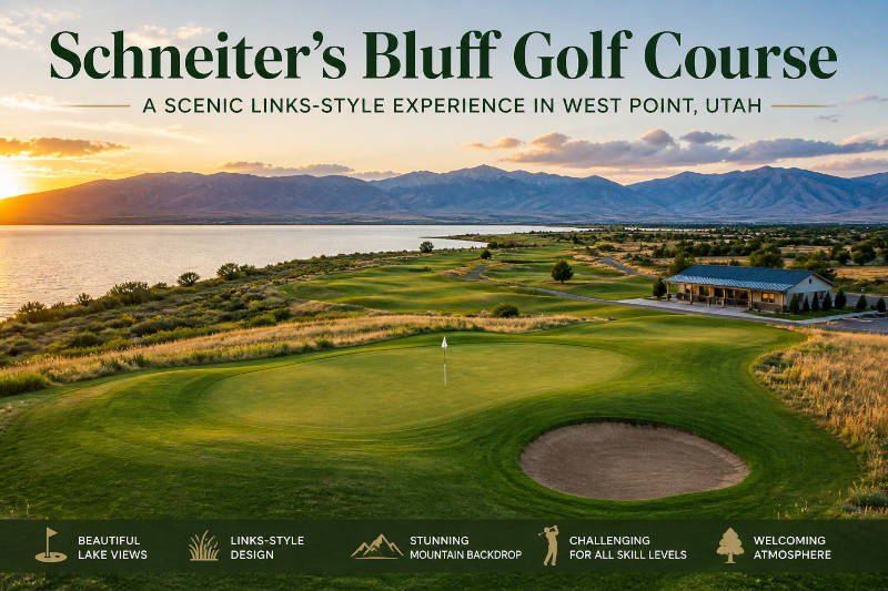 Scenic links-style golf course at sunset, featuring a green, bunker, lake, and mountains.