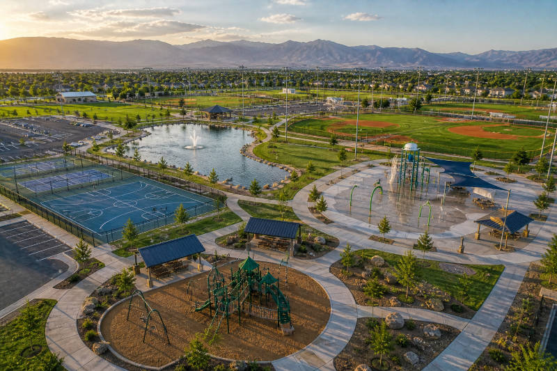 Aerial view of park with sports courts, pond, splash pad, playground, baseball fields, mountains.