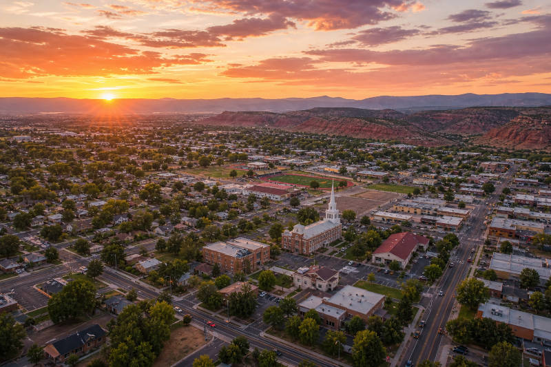 Vibrant sunset over a town with a white-steepled church and distant red rock mountains.